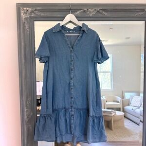 Jane + Delancy Chambray Denim Lyocell Shirt Dress Ruffle Flounce Hem Midi Medium